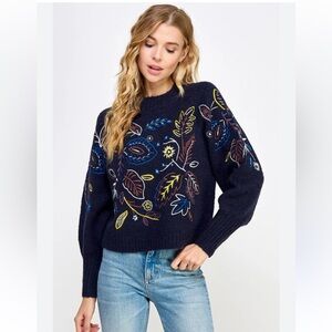 See And Be Seen Embroidered Navy Sweater - Medium - Floral Statement Knit